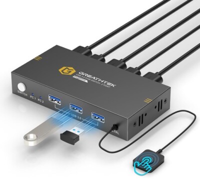 GREATHTEK HDMI KVM Switch Dual Monitor 2 Port 2 USB 2.0 Hub 4K@30Hz Downward Com
