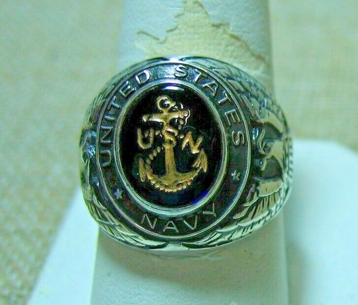 Vintage WW11 Sterling United States Navy Ring w/Carved Darkest Blue Stone SZ 10
