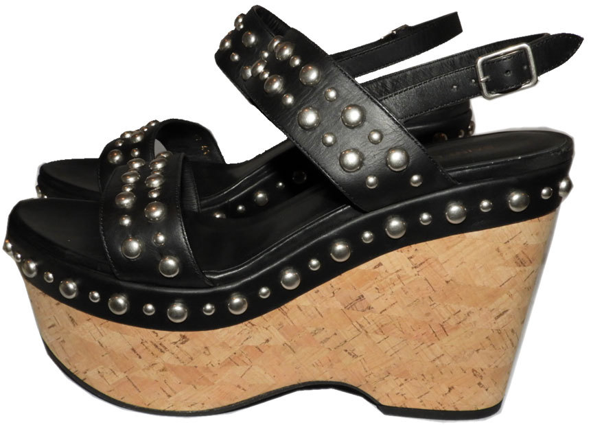 YSL Saint Laurent Sandals Black Leather Candy Studded Wedge