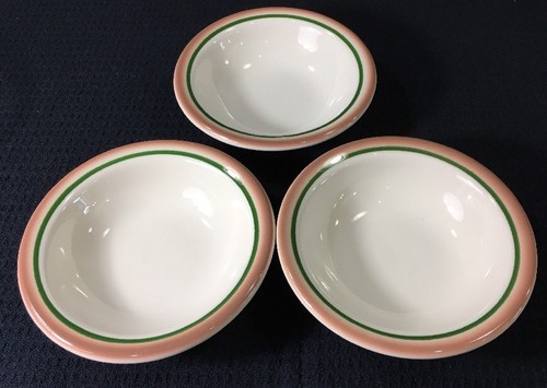 3 Vintage Buffalo China Berry Fruit Bowls 5 1/8” Tan Rim With Green Stripe USA