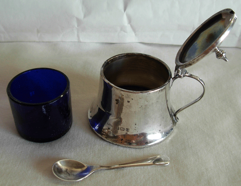 STERLING SILVER MUSTARD POT & SPOON- BIRMINGHAM 1931- COBALT  BLUE GLASS LINER
