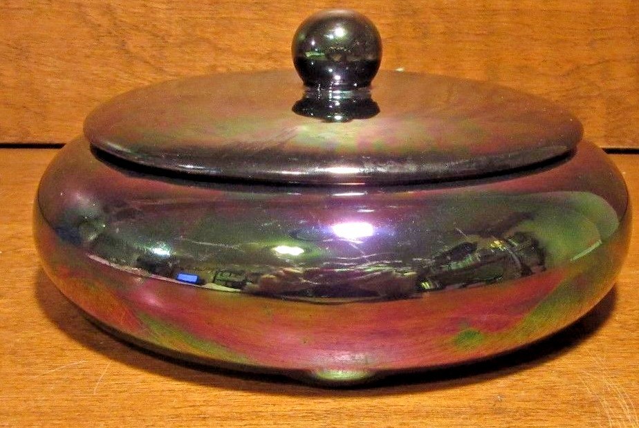 vintage candy Dish Pot Bowl w/ Lid Pottery Ceramic Blue Iridescent Glaze