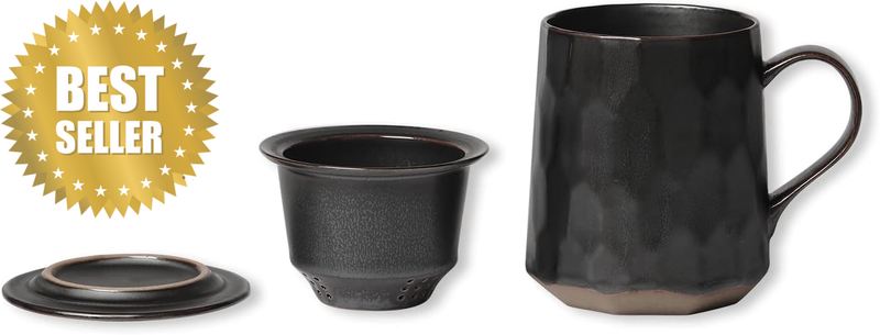 Pottery Tea Cup with Infuser and Lid, Stoneware Loose Leaf Infusion Tea Mug and