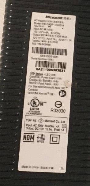 Xbox 360 Power Brick AC Adapter Plug in 150W Model EADP-150JBA FREE SHIPPING