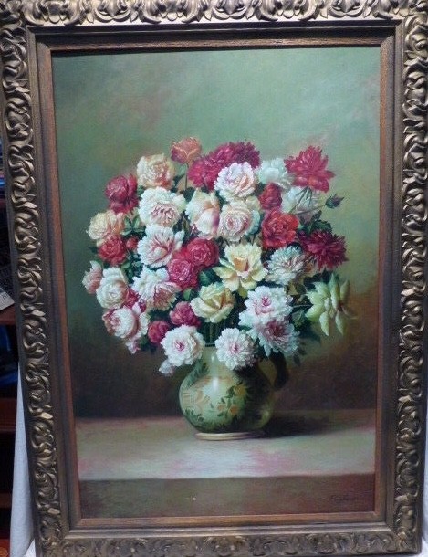 Original Vintage Pagliro Signed Still Life Flowers In a Vase Oil Canvas Painting
