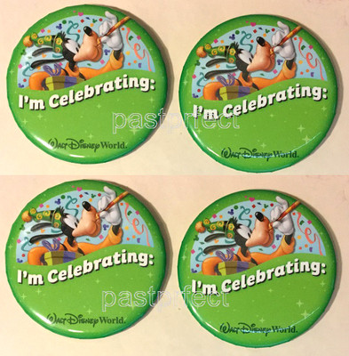 Disney 4 Button Set I m Celebrating  WDW Goofy Party Horn Confetti Pin-back 2024