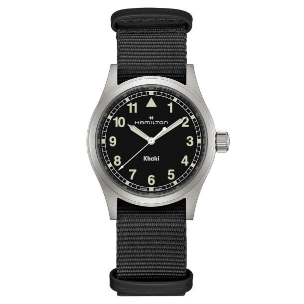 Pre-owned Hamilton Khaki Field Quartz 38mm Black Dial Black Nylon Strap H69401430