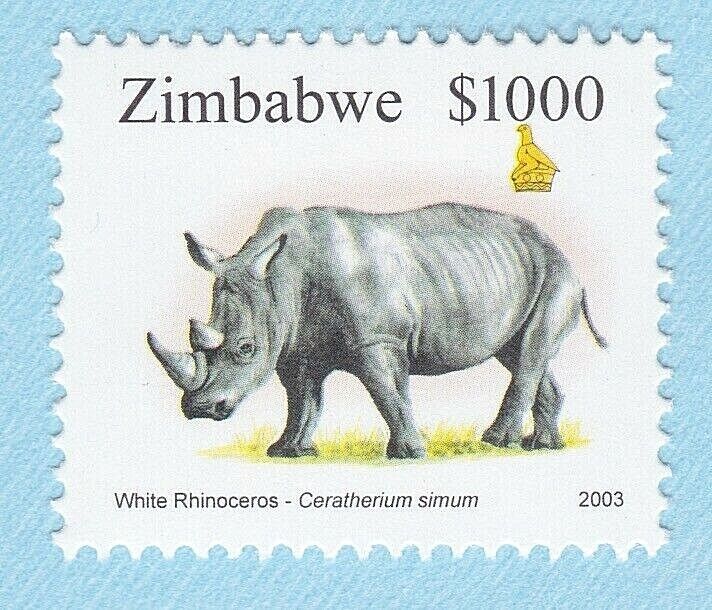 2003 WHITE RHINOCEROS STAMP ZIMBABWE $1000 AFRICA WILDLIFE NEW POSTAGE MNH RARE
