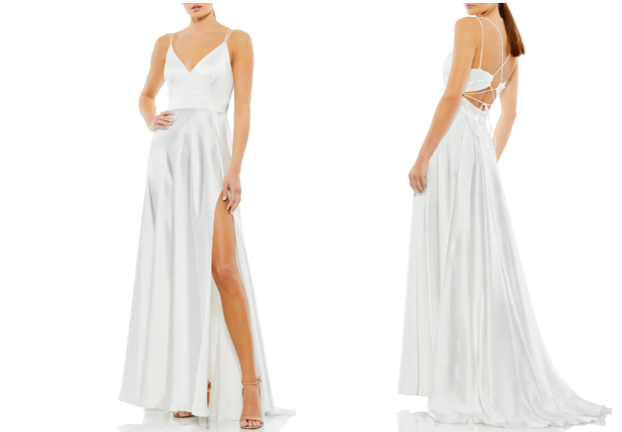 

NWD IEENA MAC DUGGAL Белое атласное платье с v-образным вырезом и бретельками и открытой спиной с высоким разрезом, Белый