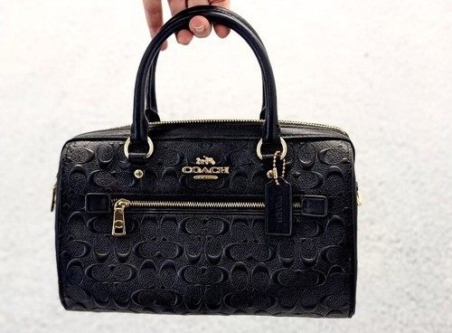 Coach Rowan Satchel Handbag Black Textured Leather Gold