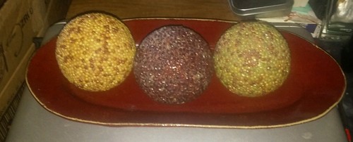 3 Decorative Seed Covered Balls w/ Burgandy Oblong Pottery Dish
