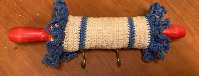Folk Art rolling pin crocheted cover potholder Hot Pad Keys Cup Hooks Holder OLD
