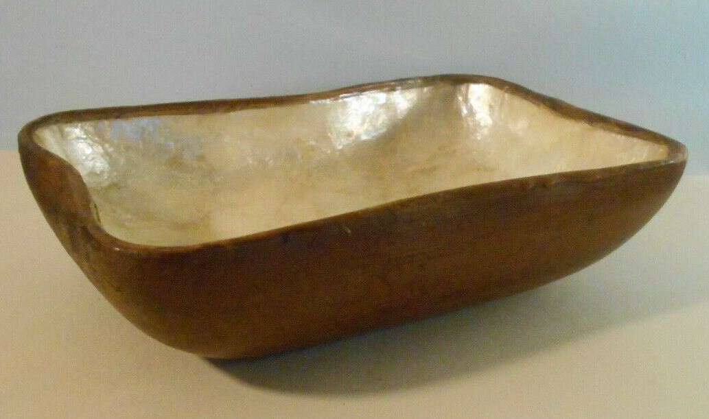 Vintage Handcrafted Monkey Pod Wood Bowl with Capiz Shell Lining