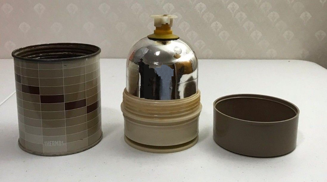 Vintage THERMOS Wide-Mouth BOTTLE 10oz Size King-Seeley Metal GLASS Tan Beige