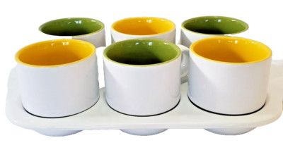 Crate And Barrel Mug Set Pick Me Up Tray Stackable Mugs Yellow Green Inside 7 PC