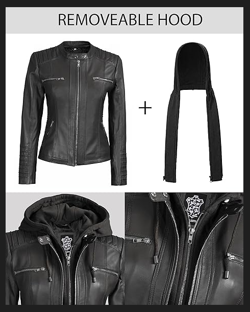 MOTO WOMEN SLIM FIT HOODED BLACK MOTORCYCLE REAL LEATHER BIKER JACKET