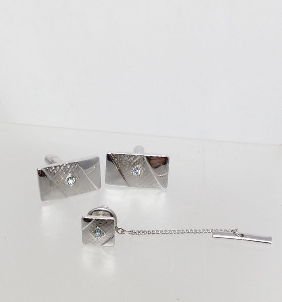 Sarah Coventry Silvertone Cufflinks Tie Tack Clip, Blue Rhinestone Men's Jewelry