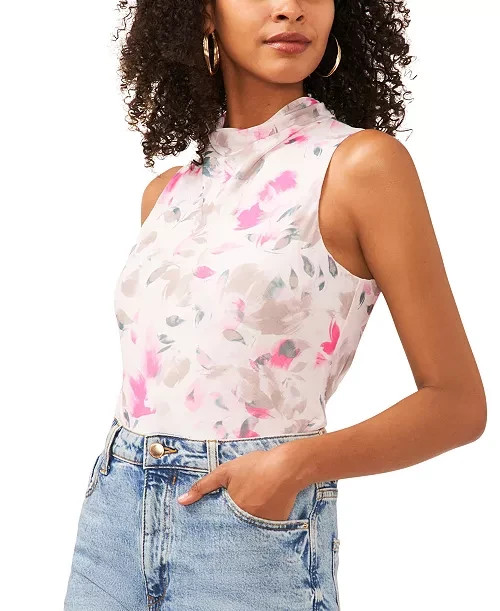 Vince Camuto Printed Mesh Mock-Neck Sleeveless Top Women's L New Ivory Pullover - Picture 1 of 14