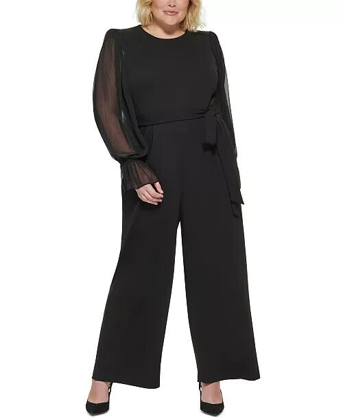Calvin Klein Plus Size Sheer-Sleeve Wide-Leg Jumpsuit Women's 20W Black Pockets~ - Picture 1 of 19