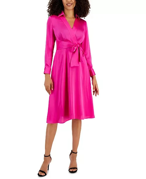 Tahari ASL Petite Collared V-Neck Side-Tie Midi Dress Women's 8P Shocking Pink~ - Picture 1 of 18