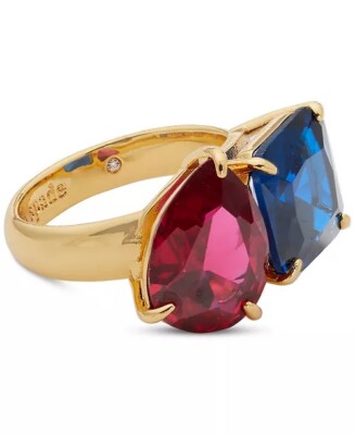 NWT Women KATE SPADE Gold Tone Double blue burgundy Crystal Ring Size 7 $100