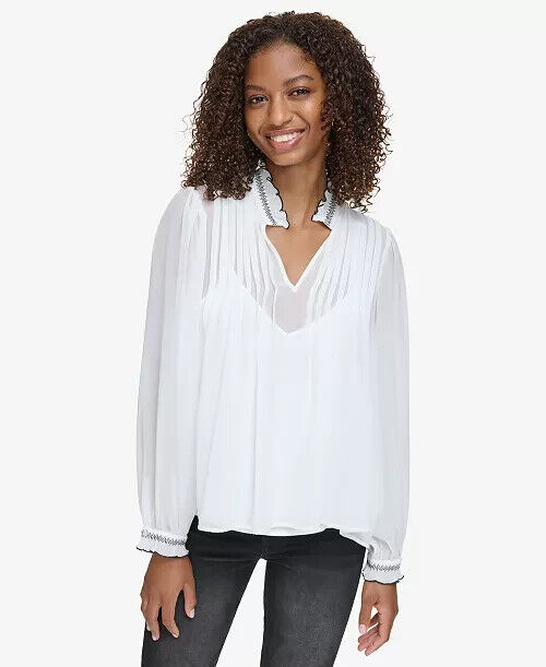 KARL LAGERFELD PARIS V-Neck Sheer-Sleeve Pleated Blouse Women's L Soft White~ - Picture 1 of 16