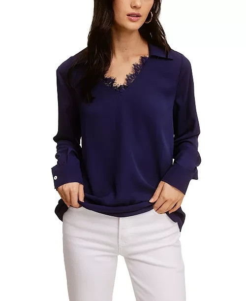 Single Thread Lace Trim Collared Blouse Women's S Peacoat Long Sleeve Pullover - Picture 1 of 17