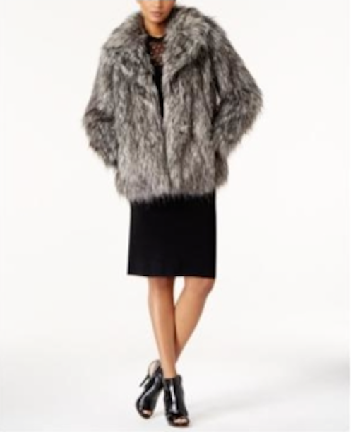 Pre-owned Michael Kors Michael  Petite Faux-fur Peacoat, Gunmetal, P/s In Gray