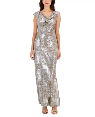 CONNECTED APPAREL Sleeveless Drape  Neck Evening Dress 14P   Silver