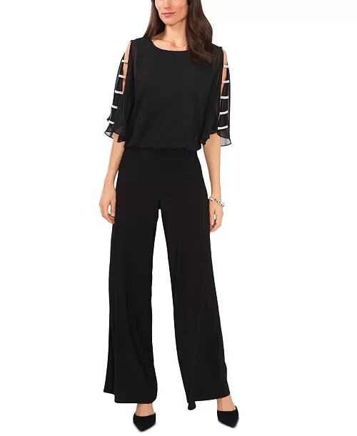MSK Embellished Ladder-Sleeve Wide-Leg Jumpsuit Women's M Black Round Neck Zip~ - Picture 1 of 18