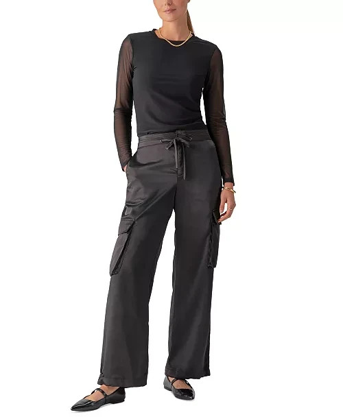 Sanctuary Eve Semi-High-Rise Satin Cargo Pants Women 26 Black Front Zip Closure - Picture 1 of 14