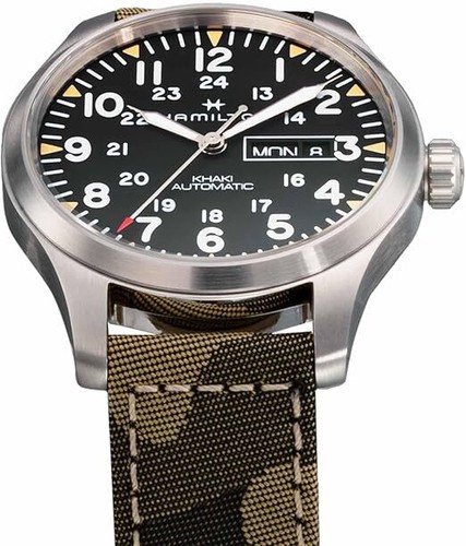 Pre-owned Hamilton H70535031 Kahki Field Black Automatic Fabric Day-date 42mm Camouflage