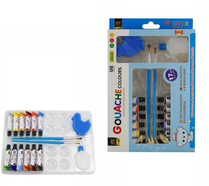 Kit 12 Tubetti Tempere Gouache Pittura Colori 12ml + 2 Pennelli Spugnetta dfh