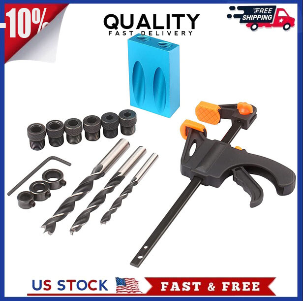 15Pcs Pocket Hole Jig 15 Degree Dowel Drill Joinery Kit Hole Screw Jig with 6/8.