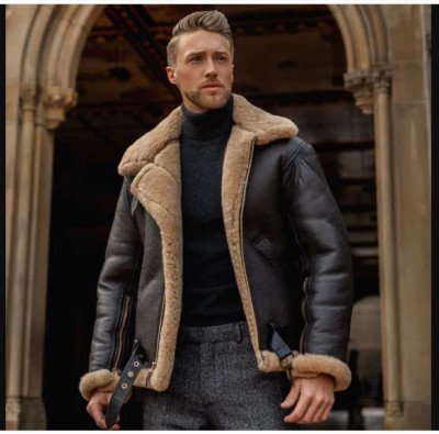 Men's RAF Aviator Pilot B3 Flying Bomber Shearling Fur brown Real Leather Jacket