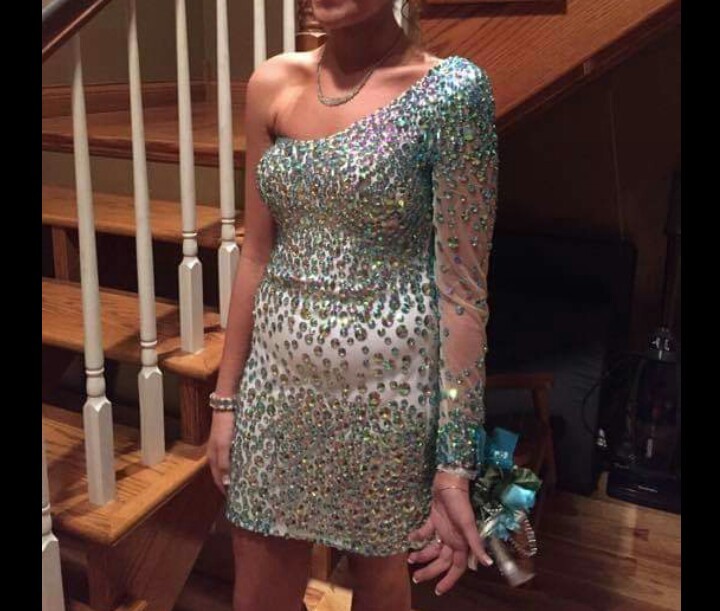 Milano Formal Prom Homecoming dress Silver Rhinestone One Shoulder sz. 6