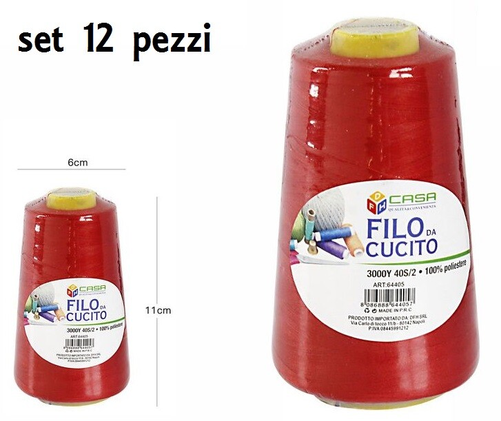 Set 12 Pz Filati A Cono Filo Poliestere Cucito 3000Y 40S/2 Rosso 64405-4 dfh