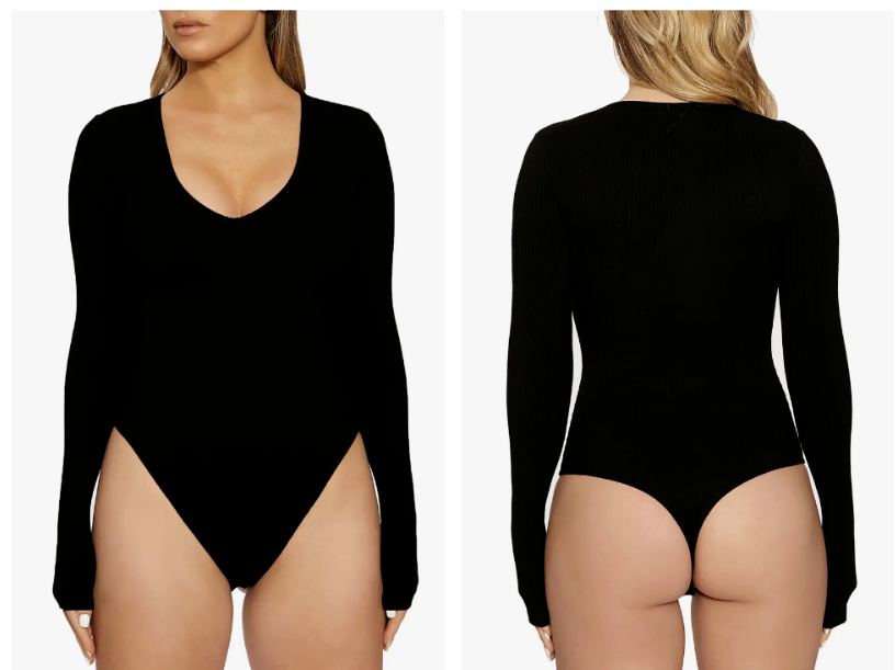 NAKED WARDROBE Черное боди-стринги из эластичного джерси с глубоким V-образным вырезом и длинными рукавами L 10