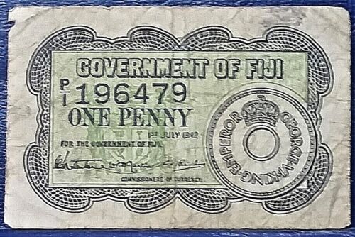 1942 GOVERNMENT OF FIJI ONE PENNY SCARCE NOTE