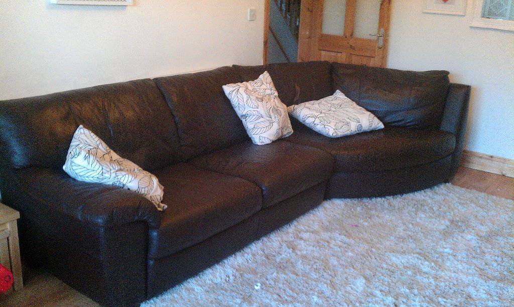 IKEA 'VRETA' LEATHER CORNER SOFA WITH FOOTSTOOL IN CHOCOLATE BROWN