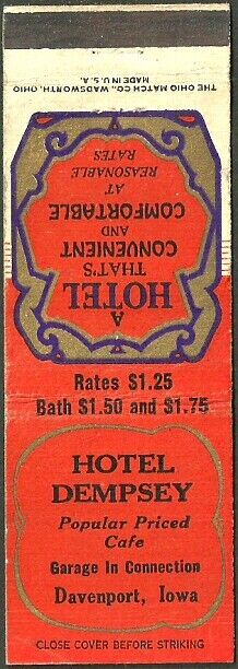 very old ~ HOTEL DEMPSEY ~ matchbook cover DAVENPORT, IA iowa