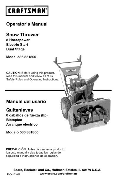 Owner&rsquo;s Manual Sears Craftsman 8.0 HP Snow Thrower /Blower