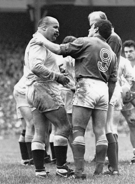 England forward Gareth Chilcott in conversation with Pierre Berbi -