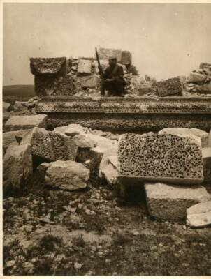 Base with frieze, ruins in the archaeological area of Madaba, Jord- Old Photo