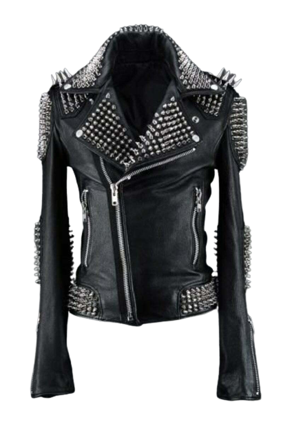 Pre-owned Handmade Men Black Punk Silver Long Spiked Studded Leather Jacket, Men Studded Jackets