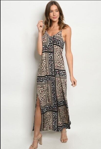 Taupe Leopard Animal Print Maxi Dress Size Medium 