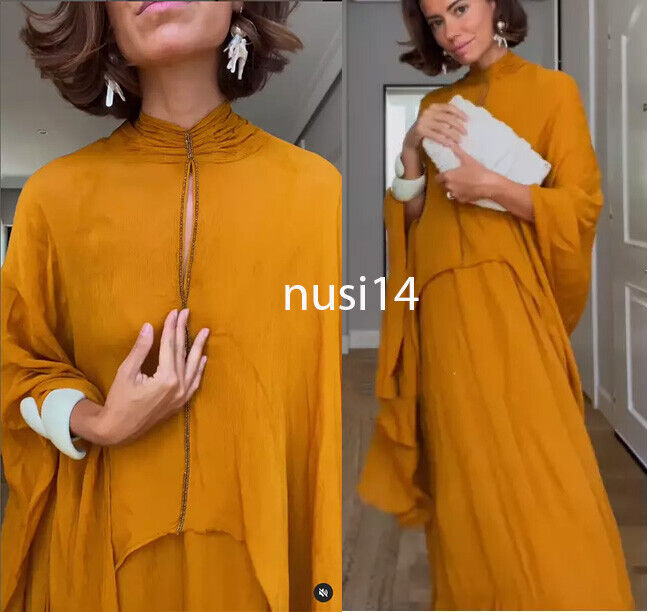 Pre-owned Zara Woman Midi Asymmetric Zw Dress With Cape And Ruffles Mustard 7521/015 In Yellow