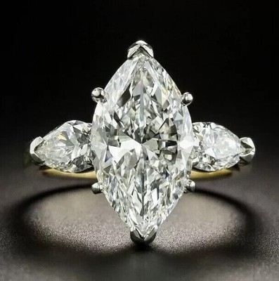14K Two-Tone Gold Plated 4Ct Marquise Simulated Diamond 3-Stone Engagement Ring