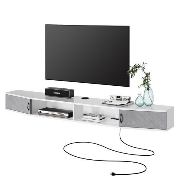 White Wood 70" Floating Wall Mounted Media Cabinet Entertain