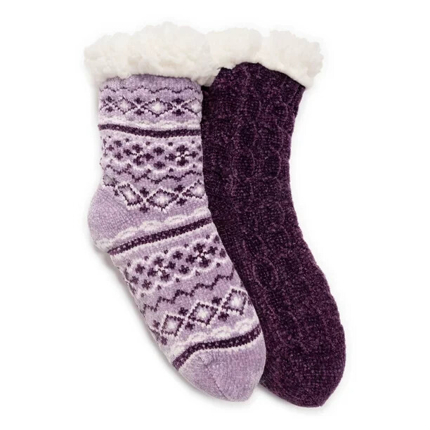 Muk Luks Women's Cabin Socks, 2-Pack-S/M (5-7)-Purple-NWT-2900724